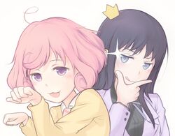  2girls :3 ahoge black_hair blue_eyes crown iki_hiyori kofuku_(noragami) multiple_girls necktie noragami pink_hair possessed purple_eyes school_uniform sparkle 