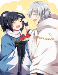  2boys ^_^ bad_id bad_pixiv_id black_hair bow bridal_gauntlets closed_eyes gloves hairbow hand_on_another&#039;s_head japanese_clothes male_focus multiple_boys open_mouth origami paper_crane partially_fingerless_gloves ponytail scarf smile touken_ranbu tsurumaru_kuninaga uguisu_mochi_(ykss35) white_hair yamato-no-kami_yasusada 