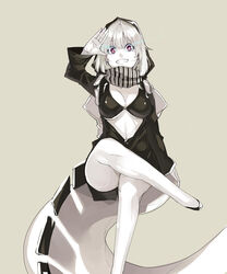  abyssal_ship backpack bag bikini black_bikini colored_skin commentary_request female grey_background grin highres hood jacket kantai_collection muneneko o-ring o-ring_top pale_skin purple_eyes re-class_battleship salute short_hair sitting smile swimsuit tail white_bag white_hair white_skin 