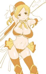  &gt;:) adapted_costume armor armpits ass_visible_through_thighs bikini bikini_armor blonde_hair breasts cleavage commentary_request contrapposto detached_sleeves drill_hair female gun hat large_breasts long_hair looking_at_viewer magical_girl mahou_shoujo_madoka_magica mahou_shoujo_madoka_magica_(anime) rifle shinama shiny_skin showgirl_skirt simple_background skirt smile solo standing swimsuit thighhighs tomoe_mami tomoe_mami_(magical_girl) twin_drills twintails v-shaped_eyebrows weapon white_background yellow_eyes yellow_skirt 