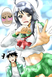  1boy ahoge alternate_form black_hair black_sclera blank_eyes blush breasts brown_eyes colored_sclera commentary_request doppel_(monster_musume) doppelganger female green_skirt hair_ornament hairclip kurusu_kimihito mamama_~mahou_iinchou_mako-chan_no_mahou_shidou~ medium_breasts midriff monster_musume_no_iru_nichijou open_mouth photoshop_(medium) s-now sailor_collar school_uniform short_hair signature skirt thought_bubble toudou_mako yellow_eyes 