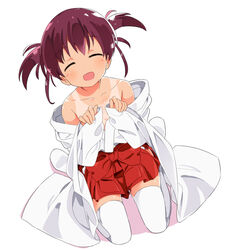  :d ^_^ blush brown_hair closed_eyes collarbone commentary_request eyebrows female from_above hakama hakama_short_skirt hakama_skirt japanese_clothes miko numenume_(powa-ogutyogutyo) off_shoulder one-piece_tan open_mouth saki_(manga) short_hair simple_background skirt smile solo tan tanlines thighhighs twintails usuzumi_hatsumi white_background white_thighhighs 