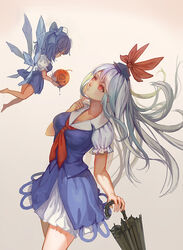  2girls adapted_costume apple bad_id bad_pixiv_id bare_legs barefoot blue_hair blue_skirt cirno closed_umbrella fairy floating_hair flying food fruit hat hoshimawa kamishirasawa_keine looking_up mini_person minigirl multiple_girls parted_lips photoshop_(medium) poison_(final_fight) puffy_short_sleeves puffy_sleeves red_eyes short_sleeves simple_background skirt skirt_set skull skull_and_crossbones touhou umbrella white_hair 