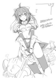  akisoba commentary_request female greyscale heart highres looking_at_viewer monochrome photoshop_(medium) ragfes ragnarok_online smile solo spica_parfait strong_stars_story sword translation_request unholy_sanctuary weapon 