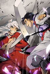  2boys action animal_ears bankotsu_(inuyasha) battle black_hair braid clash clenched_teeth commentary_request dog_ears duel fighting inuyasha inuyasha_(character) japanese_clothes jewelry long_hair looking_at_another male_focus multiple_boys mumu2126 necklace pearl_necklace single_braid sword teeth tetsusaiga weapon 