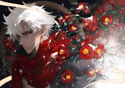  1boy absurdres armor black_background blizzard blurry brown_hair camellia cape commentary dark-skinned_male dark_skin emiya_kiritsugu emiya_kiritsugu_(assassin) english_commentary expressionless fate/grand_order fate_(series) flower highres hood looking_at_viewer looking_to_the_side male_focus parted_bangs pauldrons plant red_cape red_flower ribbon seomouse shoulder_armor single_pauldron snow snowflakes solo upper_body white_hair yellow_ribbon 