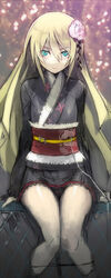  aqua_eyes blonde_hair female flower grey_kimono guilty_crown guilty_crown_lost_christmas hair_flower hair_ornament japanese_clothes kimono looking_at_viewer namaniku_atk obi panties panty_pull photoshop_(medium) present_(guilty_crown) sash sitting smile solo underwear upskirt 