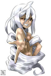  absurdly_long_hair black_sclera colored_sclera commentary_request completely_nude dark-skinned_female dark_skin doppel_(monster_musume) doppelganger female grin hair_censor long_hair monster_musume_no_iru_nichijou nude orange_eyes photoshop_(medium) prehensile_hair s-now signature simple_background smile solo upper_body very_long_hair white_background white_hair 