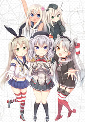  5girls alternate_eye_color amatsukaze_(kancolle) black_dress black_neckerchief black_socks blonde_hair blue_sailor_collar brown_eyes commentary_request crop_top cropped_jacket dress dual_persona elbow_gloves flower garrison_cap gloves green_eyes grey_hair grey_shirt hair_between_eyes hair_flower hair_ornament hat highres jacket kantai_collection kashima_(kancolle) kneehighs long_hair long_sleeves multiple_girls neckerchief oerba_yun_fang one_eye_closed pink_flower purple_eyes red_neckerchief ro-500_(kancolle) sailor_collar sailor_dress sailor_shirt shimakaze_(kancolle) shirt short_hair sleeveless sleeveless_shirt smile socks striped_clothes striped_thighhighs thighhighs two_side_up u-511_(kancolle) white_gloves white_jacket white_sailor_collar yoshikita_popuri 