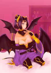  bandai bare_shoulders bat bat_(symbol) bat_wings bed black_hair black_wings blue_eyes breasts bridal_gauntlets bustier claws demon_girl detached_collar detached_sleeves digimon digimon_crusader eyeshadow facial_mark female female hair_bun hair_ornament horn kneeling large_breasts lilithmon lipstick makeup multiple_wings nail_polish open_mouth pointy_ears seven_great_demon_lords sharp_nails shawl shelf shelves skirt solo succubus tattoo wings 