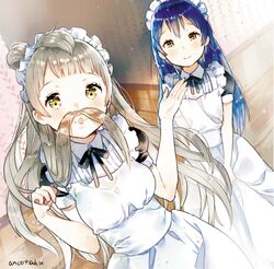  2girls ancotaku apron arms_up artist_name blue_hair blush brown_eyes clothes_grab commentary_request facial_hair fake_facial_hair fake_mustache gesture grey_hair hair_mustache long_hair love_live! love_live!_school_idol_project maid maid_apron maid_headdress minami_kotori moustache multiple_girls playing_with_hair playing_with_own_hair puckered_lips smile sonoda_umi very_long_hair wonder_zone yellow_eyes 