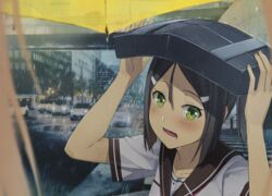  bag bag_on_head blonde_hair blush brown_hair car city commentary_request female green_eyes hair_ornament hair_ribbon hairclip improvised_umbrella inubouzaki_fuu long_hair looking_at_viewer miyoshi_karin motor_vehicle open_mouth outdoors piza_rokumai pov rain revision ribbon sanshuu_middle_school_uniform school_bag school_uniform short_sleeves teeth traffic umbrella yuuki_yuuna_wa_yuusha_de_aru yuusha_de_aru 