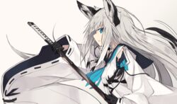  animal_ears azur_lane baggy_clothes bangs black_gloves black_sailor_collar black_tipped_ears black_tipped_tail blue_neckwear blue_skirt breasts crossed_bangs detached_sleeves eyebrows eyebrows_visible_through_hair female fox_ears fox_tail from_side gloves holding holding_sword holding_weapon image_sample katana kawakaze_(azur_lane) long_hair looking_at_viewer nagishiro_mito neckerchief open_mouth ribbon-trimmed_clothes ribbon-trimmed_sleeves ribbon_trim sailor_collar shirt silver_hair silver_tail skirt small_breasts solo sword tail tumblr_sample weapon 