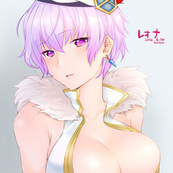  artist_name beret breasts character_name commentary_request dated earrings female fur_collar hat jewelry large_breasts leona_(sennen_sensou_aigis) lowres miniru parted_lips purple_eyes purple_hair sennen_sensou_aigis short_hair solo upper_body very_short_hair 