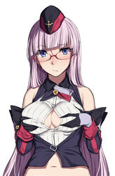  :/ azur_lane bare_shoulders blue_eyes blunt_bangs blush breasts closed_mouth commentary_request diagonal_bangs elbow_gloves embarrassed female garrison_cap glasses gloves gneisenau_(azur_lane) hat highres large_breasts long_hair nagioka navel paizuri_invitation pink_hair red-framed_eyewear simple_background solo sweat upper_body white_background 