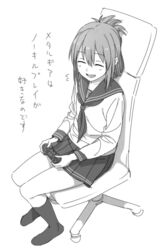  :d bad_id bad_twitter_id chair closed_eyes commentary controller dualshock female flying_sweatdrops full_body game_console game_controller gamepad greyscale holding inazuma_(kancolle) kantai_collection kinosuke_(sositeimanoga) kneehighs long_hair long_sleeves monochrome office_chair open_mouth playing_games playstation_4 playstation_controller pleated_skirt school_uniform serafuku simple_background sitting skirt smile socks solo swivel_chair translated white_background 