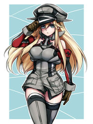  bad_id bad_pixiv_id bismarck_(kancolle) bismarck_kai_(kancolle) blonde_hair blue_eyes breasts brown_gloves detached_sleeves female gloves grey_thighhighs hat kantai_collection large_breasts long_hair looking_at_viewer peaked_cap solo takatsuki_ichi thighhighs zettai_ryouiki 