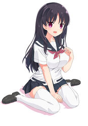  black_hair blush collarbone commentary_request eyebrows female full_body loafers long_hair looking_at_viewer neckerchief numenume_(powa-ogutyogutyo) open_mouth pink_eyes pleated_skirt red_neckerchief saki_(manga) saki_achiga-hen school_uniform senriyama_school_uniform serafuku shimizudani_ryuuka shoes short_sleeves simple_background sitting skirt solo thighhighs wariza white_background 