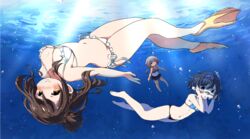  3girls air_bubble barefoot bikini breath brown_eyes brown_hair bubble cevio commentary_request diving_mask fins flippers freediving goggles highres holding_breath long_hair mochizuki_usagi multiple_girls one_(cevio) satou_sasara short_hair snorkel suzuki_tsudumi swimsuit underwater upside-down 