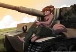  2019 abs anthro barefoot biped breasts brown_body brown_fur brown_hair canid canine canis chest_tuft cleavage clothed clothing colored conditional_dnp detailed_background digitigrade eyewear feet female fur goggles hair heterochromia hi_res holding_object keidran mammal midriff natani open_mouth outside panzer panzerkampfwagen_(tank) panzerkampfwagen_vi_(tank) pawpads ponytail sitting solo tank text tom_fischbach tools tuft twokinds url vehicle wolf wrench 