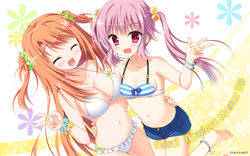  2girls barefoot bikini blue_bow blue_shorts bow breasts brown_hair cleavage closed_eyes collarbone denim denim_shorts fish_hair_ornament floral_flowlove frilled_bikini frills green_bow green_scrunchie hair_bobbles hair_ornament hand_on_another&#039;s_hip highres large_breasts long_hair mihato_kano moribe_(rabumanyo) multiple_girls navel official_art open_mouth pink_eyes pink_hair saisu_riku scrunchie short_shorts shorts sideboob small_breasts striped_bikini striped_clothes swimsuit twintails two_side_up v 