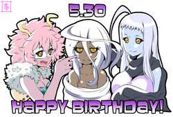  3girls ahoge ashido_mina black_sclera blue_skin boku_no_hero_academia breasts cleavage colored_sclera colored_skin commentary_request crossover dark-skinned_female dark_skin dated doppel_(monster_musume) doppelganger hair_censor happy_birthday horns huge_ahoge lala_(monster_musume) large_breasts long_hair medium_breasts monster_musume_no_iru_nichijou multiple_girls nude open_mouth photoshop_(medium) pink_hair pink_skin prehensile_hair s-now signature simple_background smile trait_connection upper_body very_long_hair white_background white_hair yellow_eyes 