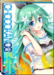  :d adjusting_clothes adjusting_swimsuit alternate_costume ball beachball bikini black_bikini blue_eyes choker commentary_request cover cover_page doujin_cover female flower green_hair hair_between_eyes hair_flower hair_ornament hair_ribbon hairclip innertube kantai_collection kawai_maria long_hair looking_at_viewer navel ocean open_mouth ribbon see-through smile solo swim_ring swimsuit yamakaze_(kancolle) 