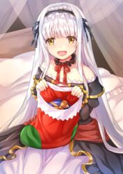  :d bad_id bad_pixiv_id black_dress blush brown_eyes dress female gift hairband hi-na1 lily_(sennen_sensou_aigis) long_hair looking_at_viewer on_bed open_mouth pillow sack sennen_sensou_aigis smile solo white_hair 