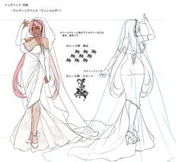  ass breasts bride character_sheet cleavage dark_skin dress female full_body ingrid_(taimanin_asagi) kagami_hirotaka large_breasts lilith-soft long_hair multiple_views no_bra pink_hair smile solo standing taimanin_(series) taimanin_asagi taimanin_asagi_battle_arena very_long_hair wedding_dress white_background 