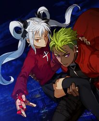  2boys archer_(fate) archer_(fate)_(cosplay) artist_name black_skirt carrying closed_mouth commentary_request cosplay crossdressing crystal dark-skinned_male dark_skin ear_piercing earrings fate/stay_night fate_(series) green_hair hair_ribbon highres jewelry king_of_prism king_of_prism_by_prettyrhythm leeis_cool long_hair looking_at_viewer male_focus multiple_boys nishina_kazuki piercing pleated_skirt pretty_rhythm pretty_series princess_carry purple_eyes ribbon skirt stud_earrings tohsaka_rin tohsaka_rin_(cosplay) turtleneck twintails undercut white_hair wig yamato_alexander yellow_eyes 