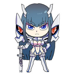  blue_eyes breasts chibi cleavage commentary_request female hand_on_hilt junketsu kill_la_kill kiryuuin_satsuki large_breasts long_hair navel solo sword uri_(uryu002) weapon 