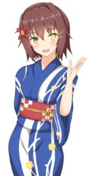  blue_kimono blush brown_hair commentary_request female floral_print flower furutaka_(kancolle) glowing glowing_eye hair_flower hair_ornament japanese_clothes kantai_collection kimono linfa_(futari_midara) obi sash short_hair smile solo yellow_eyes yukata 