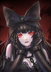  abyssal_ship black_bow black_hair bow breasts chains choker claws commentary female gothic_lolita hairbow hands_on_own_cheeks hands_on_own_face kaizeru kantai_collection large_breasts lolita_fashion long_hair looking_at_viewer parted_lips photoshop_(medium) red_eyes seaplane_tender_princess solo upper_body yandere_trance 