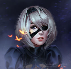  2b_(nier:automata) black_blindfold blindfold blindfold_down blindfold_slip blue_eyes breasts cleavage commentary embers english_commentary eyelashes female freckles hair_between_eyes hairband looking_at_viewer medium_breasts mole mole_under_mouth nier:automata nier_(series) one_eye_covered parted_lips photoshop_(medium) portrait prywinko puffy_short_sleeves puffy_sleeves short_hair short_sleeves solo torn_blindfold white_hair 