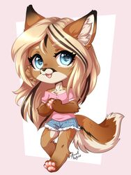  2018 3:4 4_toes annetpeas anthro barefoot biped black_ears blonde_hair blue_eyes bottomwear brown_body brown_ears brown_fur brown_tail canid canine chibi claws clothing cougar denim denim_clothing digital_media_(artwork) feet felid feline female fluffy fluffy_tail fox fur hair heart_symbol hi_res hybrid inner_ear_fluff long_hair long_tail mammal multicolored_body multicolored_ears multicolored_fur pawpads paws pink_pawpads shirt shorts soles solo tail toes topwear tuft two_tone_ears two_tone_tail white_body white_fur white_tail 