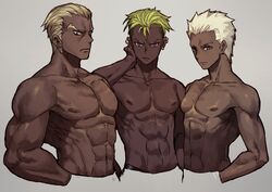  3boys abs archer_(fate) blonde_hair closed_mouth commentary_request cropped_torso crossover dark-skinned_male dark_skin earrings eyebrows fate/stay_night fate_(series) gamagoori_ira green_hair grey_background hair_slicked_back hands_in_pockets highres jewelry kill_la_kill king_of_prism king_of_prism_by_prettyrhythm korean_commentary leeis_cool long_earlobes looking_at_viewer male_focus manly multiple_boys multiple_crossover muscular nipples pectorals pretty_rhythm pretty_series purple_eyes simple_background toned toned_male topless_male trait_connection undercut white_hair yamato_alexander 