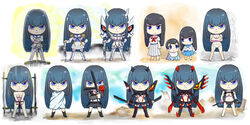  age_progression aged_down baby bandages black_hair blade blue_eyes bra breasts chest_harness chibi claws cleavage cloak commentary_request crop_top dual_wielding female hands_on_hilt harness highres holding junketsu kill_la_kill kiryuuin_satsuki long_hair medium_breasts multiple_persona nudist_beach_uniform panties revealing_clothes senketsu skirt spoilers underwear uri_(uryu002) 