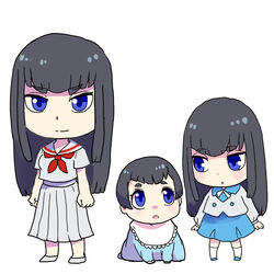  3girls age_progression baby black_hair blue_eyes commentary_request kill_la_kill kiryuuin_satsuki lolicon long_hair multiple_girls multiple_persona skirt uri_(uryu002) 