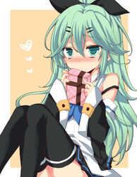  black_serafuku black_thighhighs blue_neckwear blush box choker commentary_request detached_sleeves female gift gift_box green_eyes green_hair hair_between_eyes hair_ornament hair_ribbon hairclip holding kantai_collection long_hair looking_at_viewer ribbon school_uniform serafuku sitting solo thighhighs yamakaze_(kancolle) yoroi_nau zettai_ryouiki 