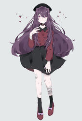  bandage bandage_on_knee bandaged_arm bandages bandaid bandaid_on_finger bandaid_on_knee beret black_collar black_hat black_legwear black_nails black_skirt blush choker collar collared_shirt commentary cross_cutout doki_doki_literature_club female flats full_body grey_background hair_ornament hairpin hand_on_own_chest hat heart heart_choker highres jewelry kwxlu long_bangs long_hair nail_polish pink_eyes purple_hair red_footwear red_shirt ribbon-trimmed_legwear ribbon_trim ring shirt simple_background skirt socks sparkle yuri_(doki_doki_literature_club) 