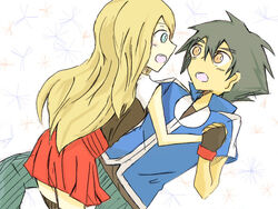  1boy bag bare_shoulders black_legwear blonde_hair blue_eyes brown_eyes brown_hair couple female green_eyes heart hips hug jacket legwear long_hair looking_to_viewer nail_polish nintendo no_hat pants pleated_skirt pokemon pokemon_(anime) pokemon_(game) pokemon_xy satoshi_(pokemon) serena_(pokemon) shirt short_hair skirt sleeveless sleeveless_shirt smile solo thighhighs zettai_ryouiki 