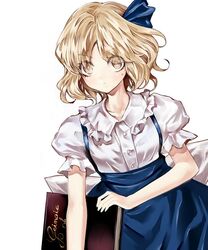  alice_margatroid alice_margatroid_(pc-98) banned_artist blonde_hair book bow grimoire grimoire_of_alice hair_ornament hairbow kozou_(soumuden) looking_at_viewer puffy_sleeves shirt short_hair short_sleeves simple_background skirt solo sweatdrop touhou touhou_(pc-98) white_background white_shirt yellow_eyes younger 