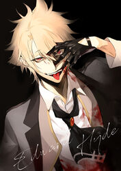  1boy absurdres arm_up ascot black_background black_gloves blonde_hair blood blood_on_clothes blood_on_face blood_on_hands brooch character_name collared_shirt commentary covering_face dutch_angle english_commentary fangs fate/grand_order fate_(series) gloves hair_between_eyes half-closed_eye half_gloves hand_on_own_face highres jacket jekyll_and_hyde_(fate) jewelry long_sleeves looking_at_viewer male_focus messy_hair open_mouth parted_bangs red_eyes seomouse shirt simple_background smile solo teeth tongue tongue_out upper_body white_shirt 