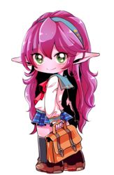  alternate_costume bag black_thighhighs blue_skirt chibi commentary_request female full_body green_eyes hairband league_of_legends long_hair looking_at_viewer lulu_(league_of_legends) otani_(kota12ro08) plaid plaid_skirt pointy_ears purple_hair school_uniform skirt smile solo standing thighhighs transparent_background twitter_username yordle zettai_ryouiki 