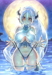  bare_shoulders bikini bikini_pull blush breasts breath bright_pupils cameltoe clothes_pull clothing_cutout commentary_request corset covered_nipples cross-laced_clothes draph female fingernails flower full_moon granblue_fantasy hair_between_eyes hair_flower hair_ornament horns izmir izmir_(summer)_(granblue_fantasy) long_fingernails long_hair mimonel moon navel night official_alternate_costume outdoors outstretched_hand pointy_ears ponytail red_eyes single_thighhigh smile solo strap_lift swimsuit thighhighs underboob_cutout very_long_hair wading wet white_hair 