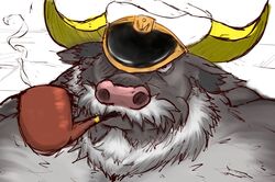  ahab_(tas) anthro beard bovid bovine bust_portrait cape_buffalo clothing covered_eye facial_hair hat headgear headwear hi_res horn lifewonders male mammal mature_anthro mature_male moustache old pipe portrait simple_background smoke smoking solo tenjo_k tokyo_afterschool_summoners white_background 