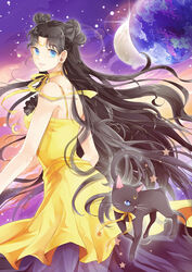  bishoujo_senshi_sailor_moon black_cat black_hair blue_eyes choker commentary_request crescent crescent_facial_mark crescent_moon crescent_necklace double_bun dress dual_persona earrings earth_(planet) facial_mark feline female forehead_mark hair_bun jewelry jond.dm long_hair looking_back luna_(sailor_moon) luna_(sailor_moon)_(human) moon necklace photoshop_(medium) planet ribbon sky star_(symbol) very_long_hair yellow_choker yellow_dress 