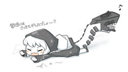  abyssal_ship backpack bad_id bad_pixiv_id bag blush chibi closed_eyes colored_skin eighth_note female hood jacket kantai_collection music musical_note open_mouth pale_skin re-class_battleship short_hair tail translated white_bag white_hair white_skin yuasan 