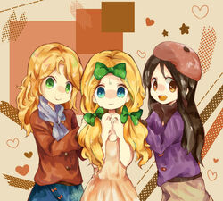  1boy 2girls animification bebe_stevens black_hair blonde_hair blue_eyes brown_eyes butters_stotch commentary_request crossdressing gloves green_eyes hat jacket long_hair marjorine mochiko_(guremaru) multiple_girls otoko_no_ko ribbon scarf smile south_park wendy_testaburger 