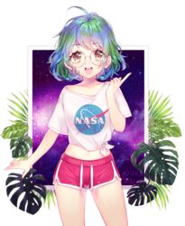  01nu :d ahoge bandaid bandaid_on_face bandaid_on_nose blue_hair brown_eyes collarbone commentary_request cowboy_shot deviantart_username earth-chan earth_(planet) female glasses green_hair gym_shorts hand_up highres index_finger_raised looking_at_viewer midriff multicolored_hair nasa_logo navel open_mouth original philodendron planet print_shirt rimless_eyewear round_eyewear shirt short_hair short_shorts short_sleeves shorts smile solo standing t-shirt teeth tied_shirt twitter_username upper_teeth_only yellow_eyes 